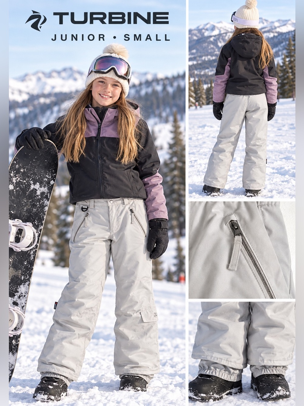 Turbine Juneau Ski Snow Pant Girls Youth Small gray insulated water resistant